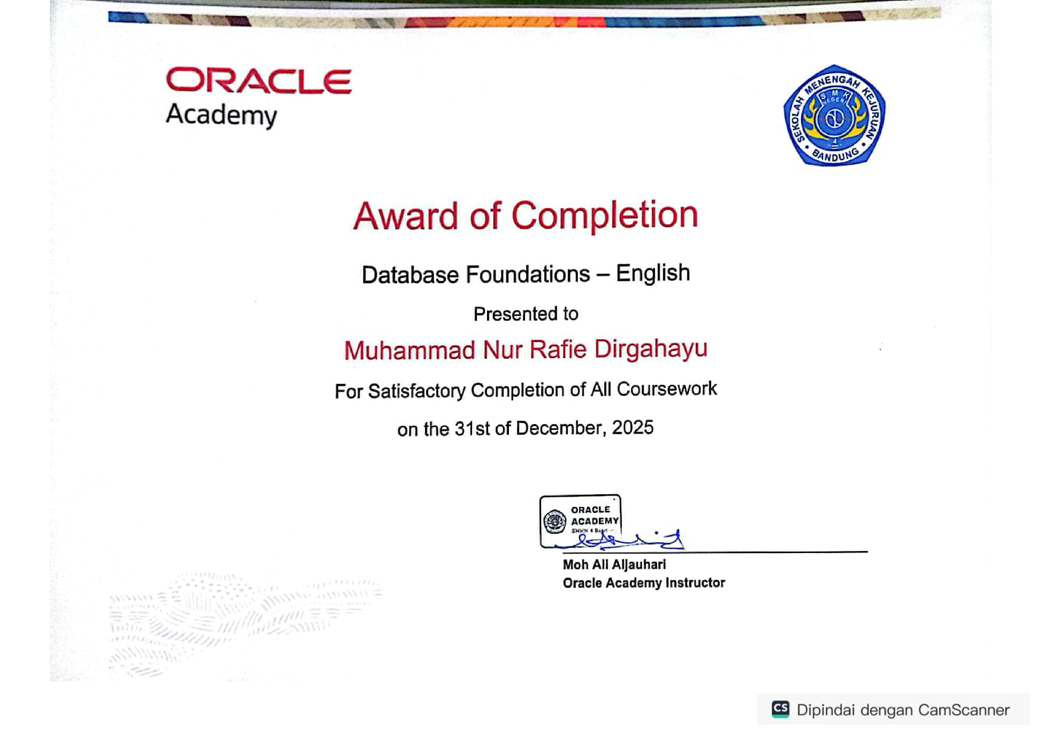 Award of Completion - Oracle Academy